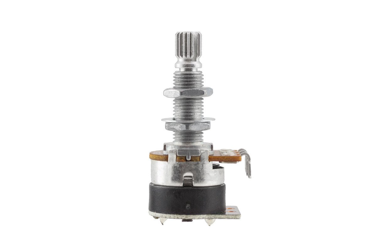 Close-up of a metallic rotary control potentiometer with threaded shaft and solder lugs on a white background.