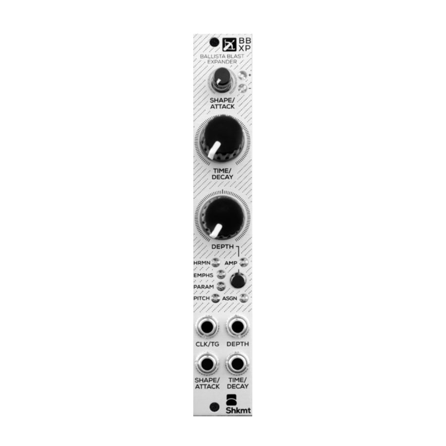 Front view of a narrow eurorack module with knobs, toggle switches, and 3.5mm jacks labeled with various control names.