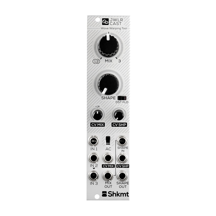 Silver eurorack module with knobs, switches, and multiple jack sockets labeled for mix and shape controls.