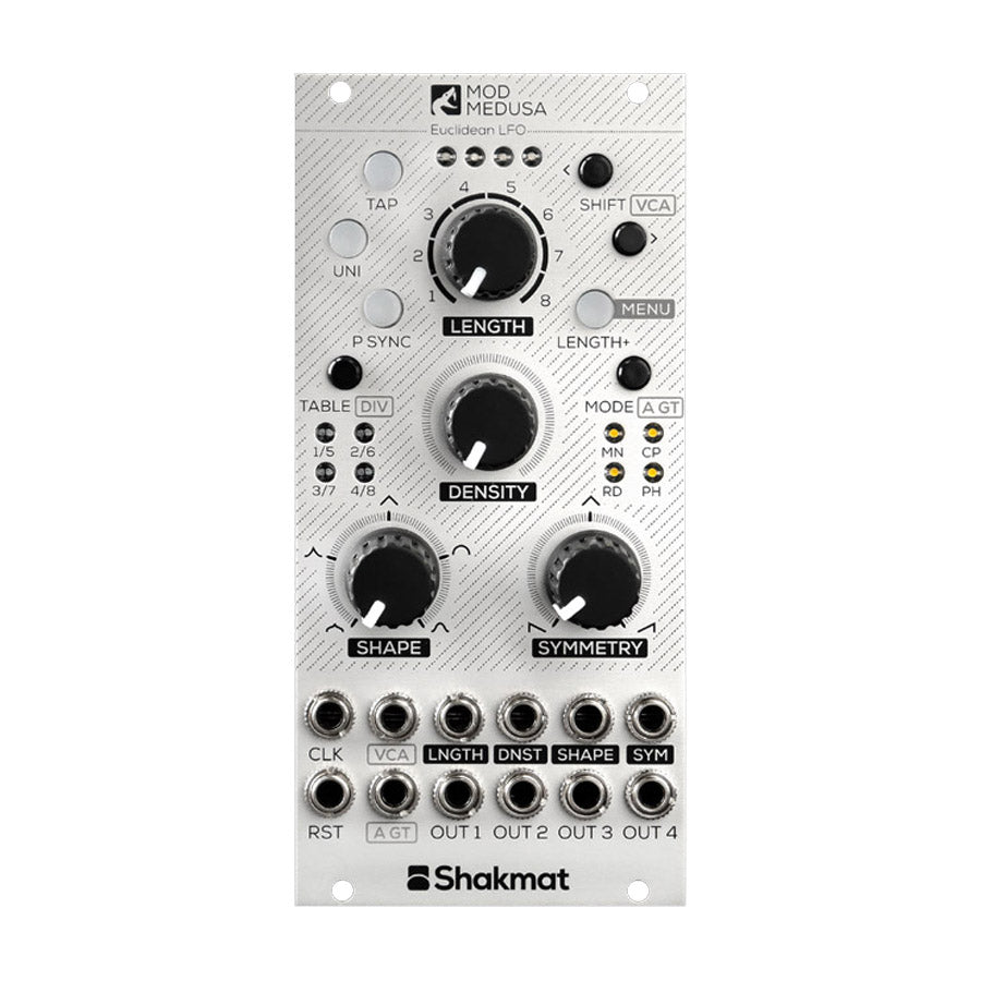 Front panel of a Shakmat Mod Medusa Euclidean LFO module with knobs, buttons, LEDs, and 3.5mm jacks.