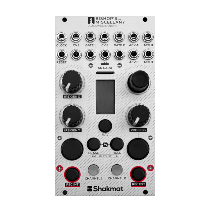 Front view of Shakmat Bishop's Miscellany MK2 module with multiple knobs, buttons, and 3.5mm jacks.