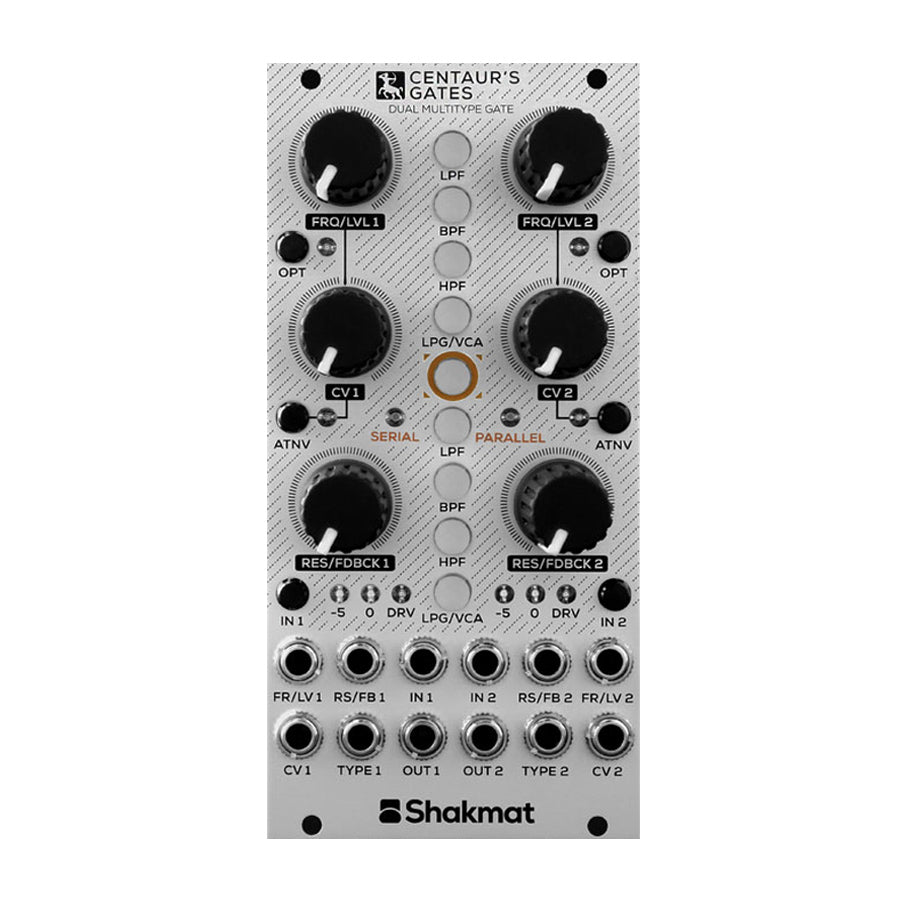Silver eurorack module with black knobs, buttons and multiple 3.5mm jacks labeled for frequency, level, CV and others.