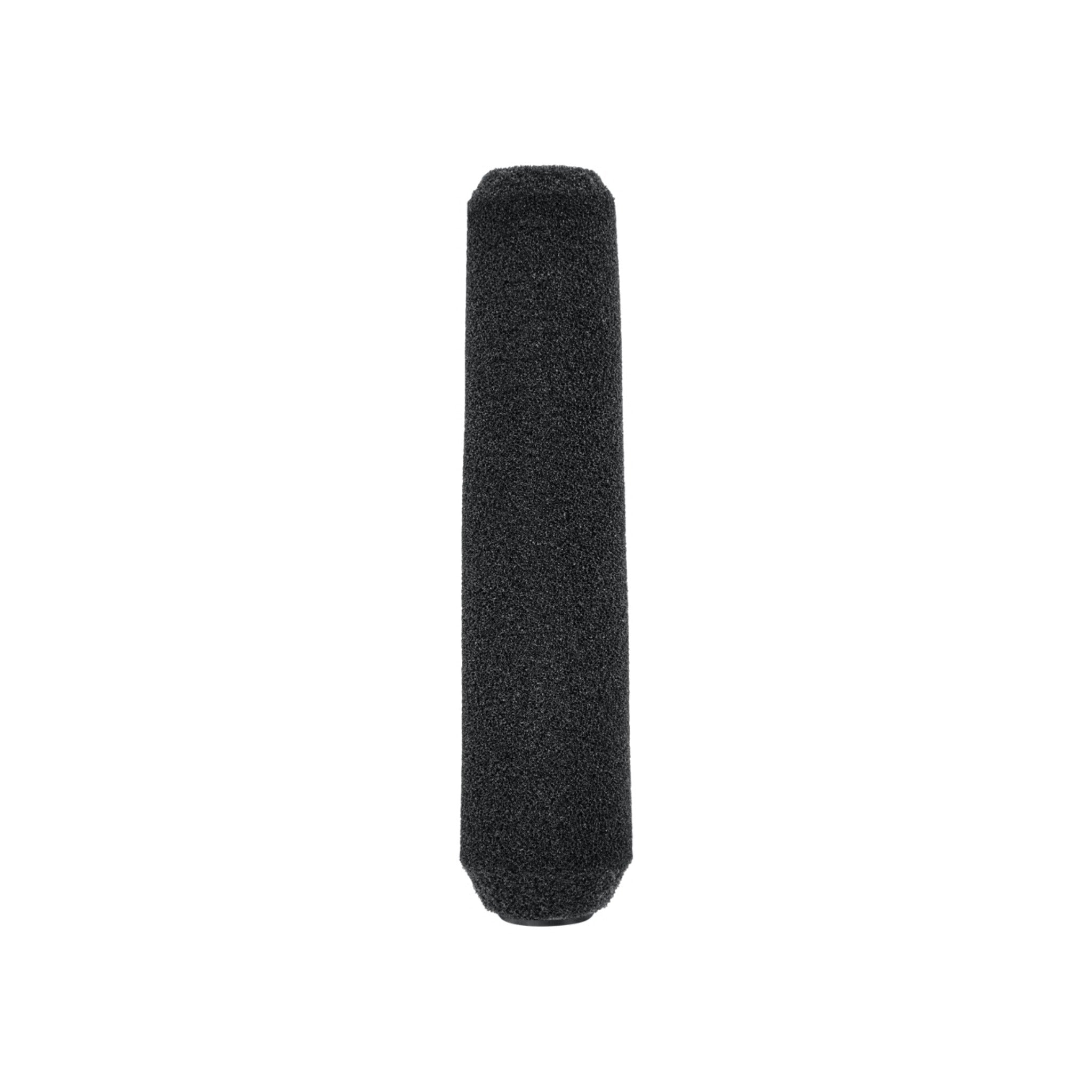 Slim black foam microphone windscreen viewed from front on a white background.