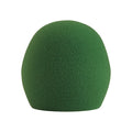 Green foam microphone windscreen shown from the side with a rounded shape.