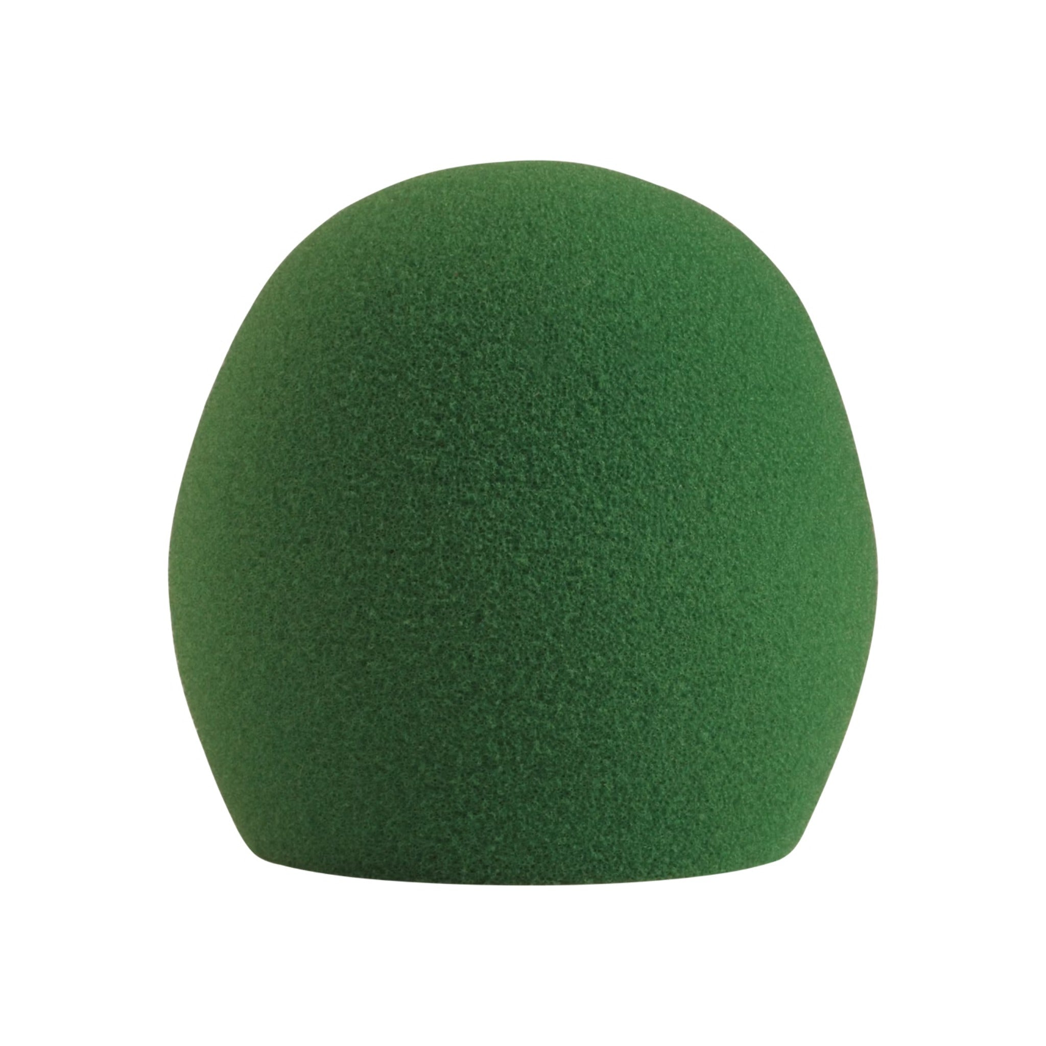 Green foam microphone windscreen shown from the side with a rounded shape.