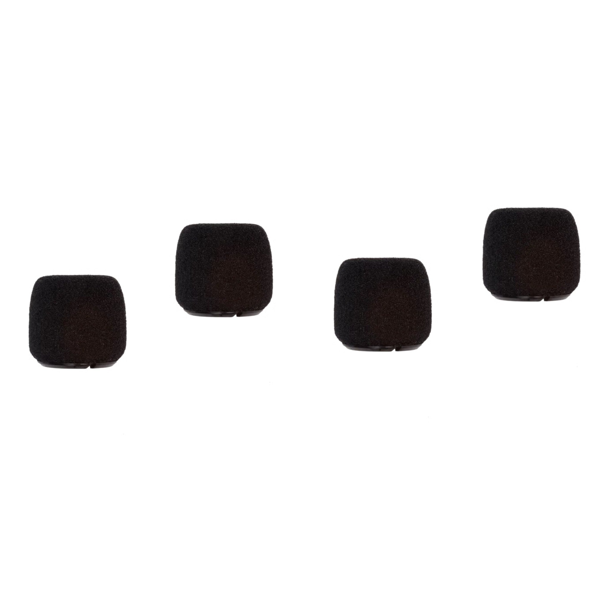 Four black foam windscreen covers arranged in a row on a white background.