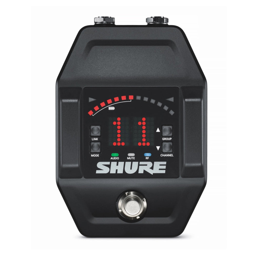Black Shure pedal with display showing number 11, buttons, and a footswitch on a white background.