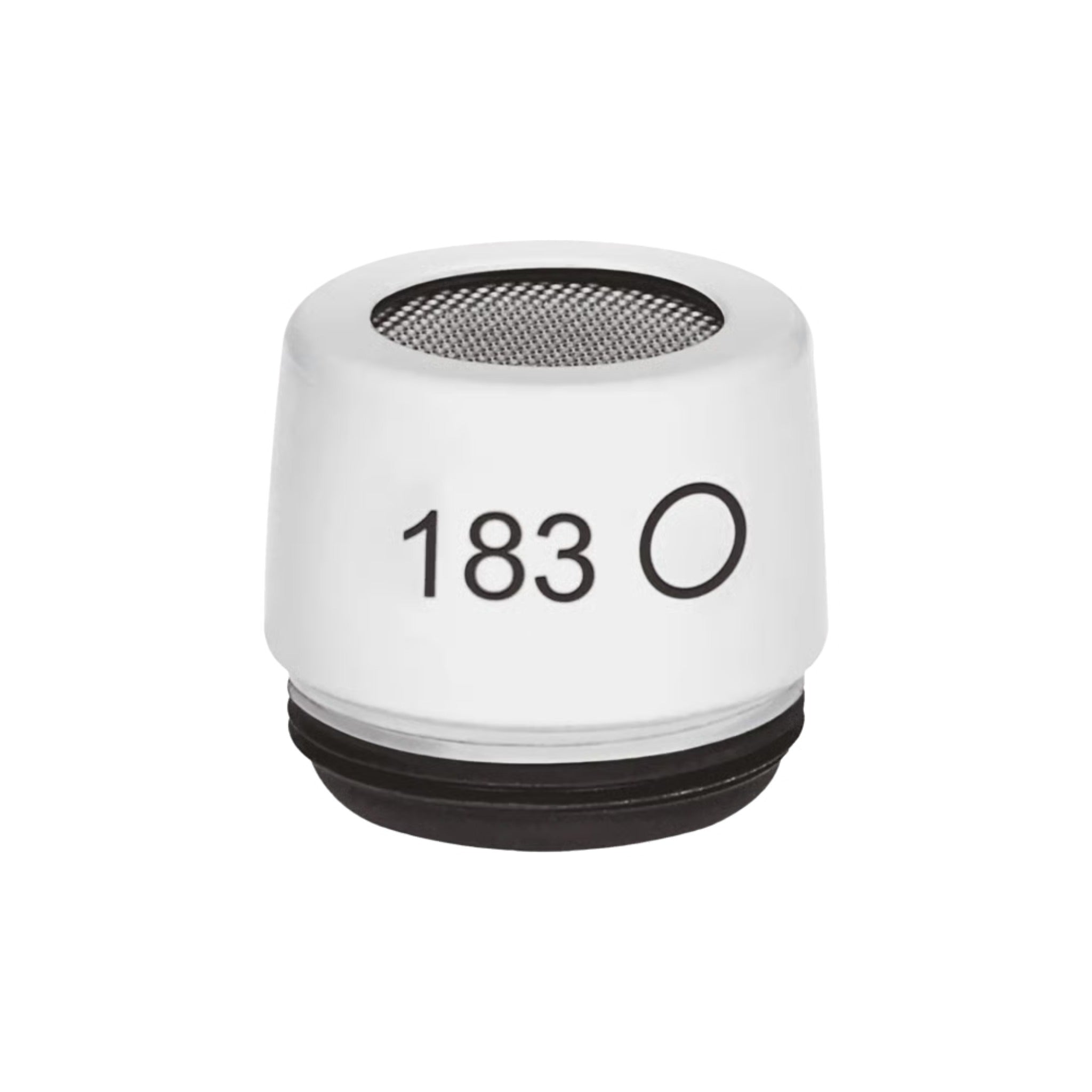 Small white microphone cartridge with a metal mesh top and black base with "183 O" printed on the side.