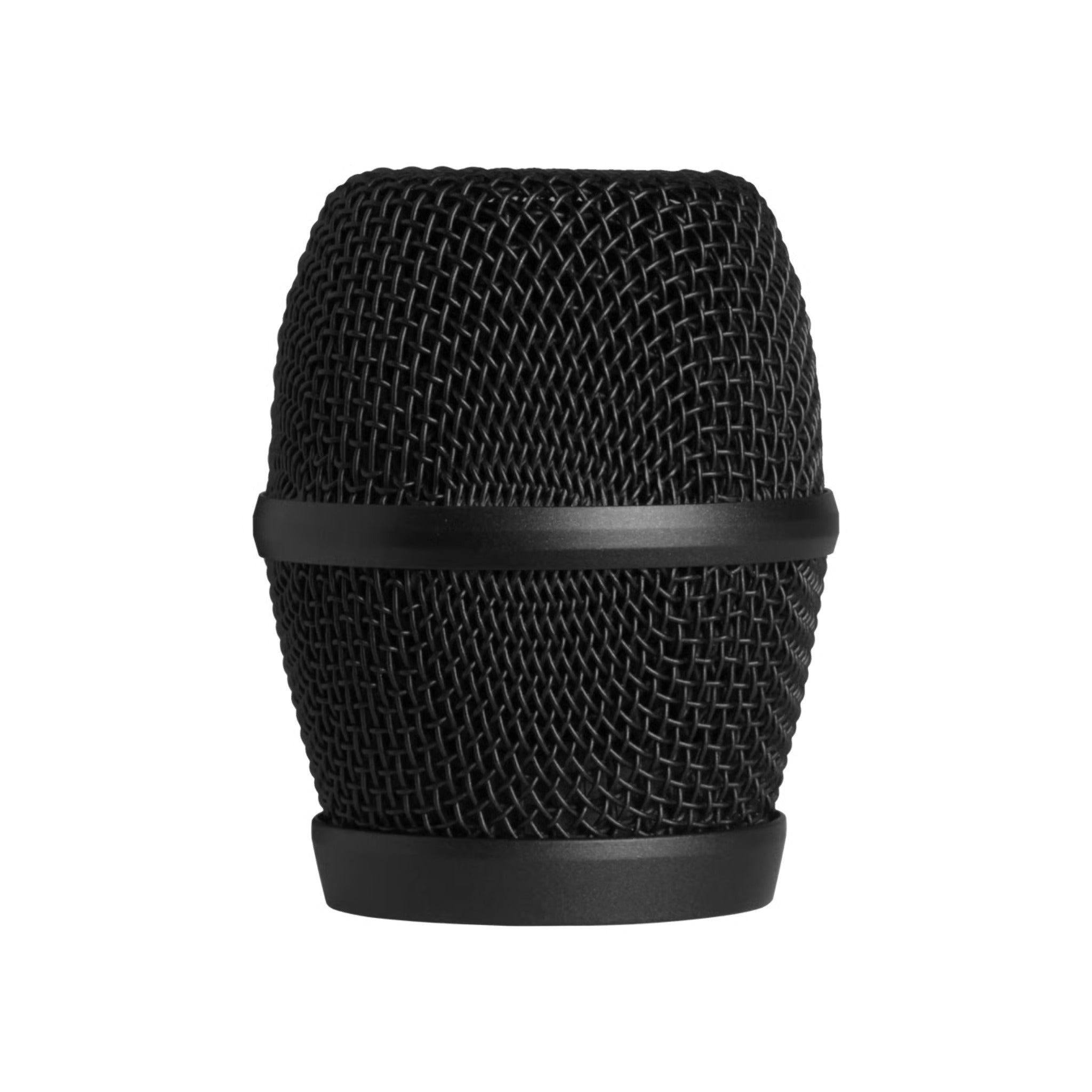 Black metal wire mesh microphone grille with two horizontal solid bands around it.