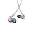 Clear wired in-ear earphones with black ear tips and visible internal components.