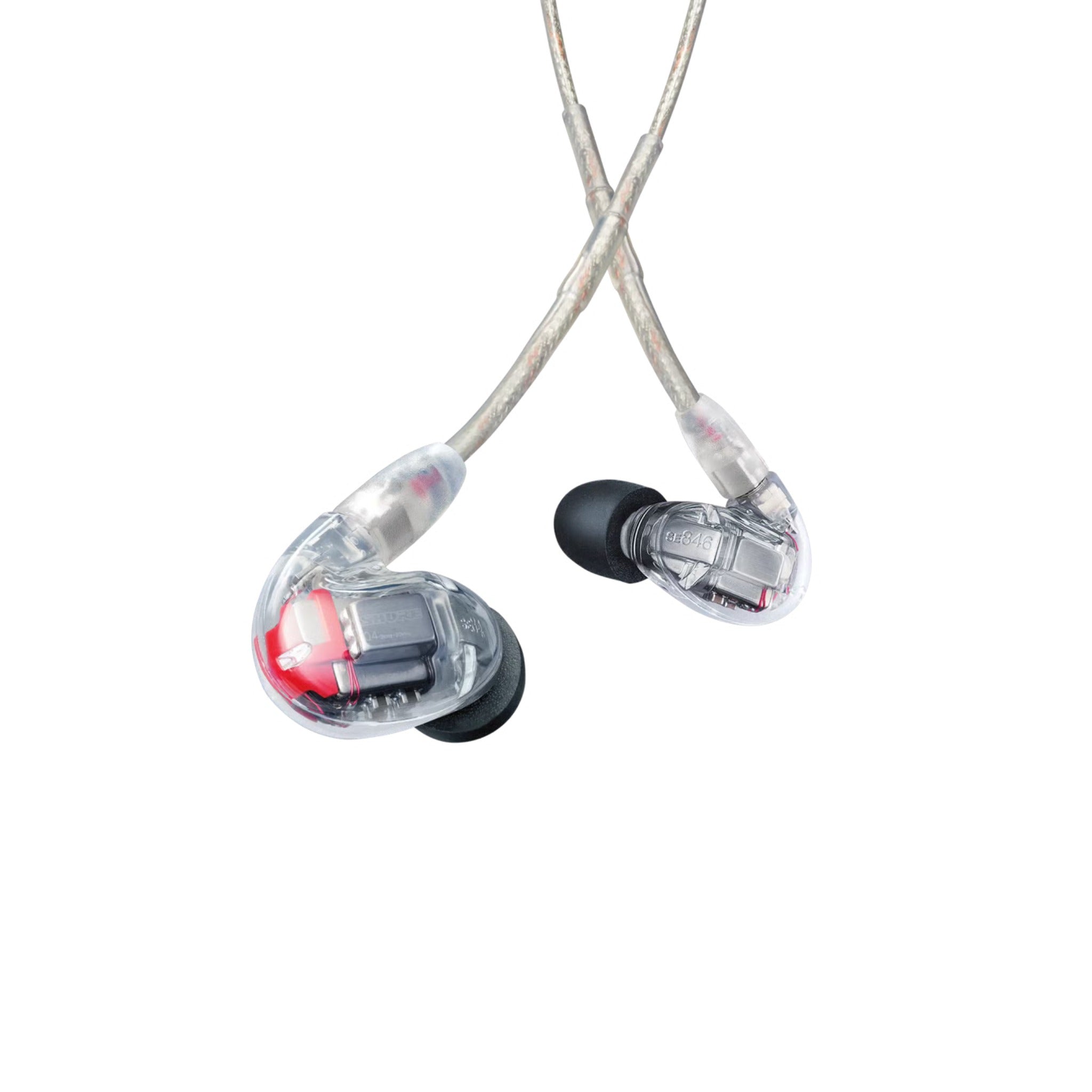 Clear wired in-ear earphones with black ear tips and visible internal components.