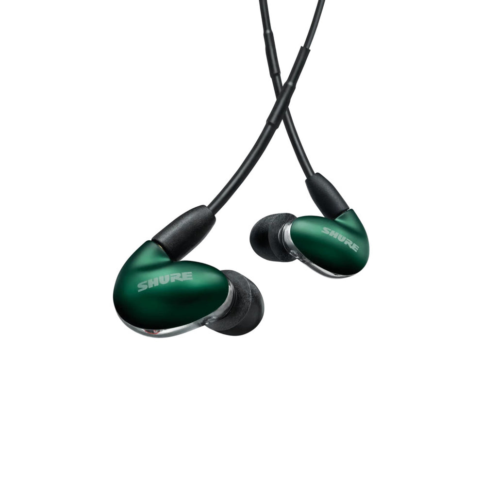 Green and black in-ear earphones with cords and Shure branding on each earpiece.