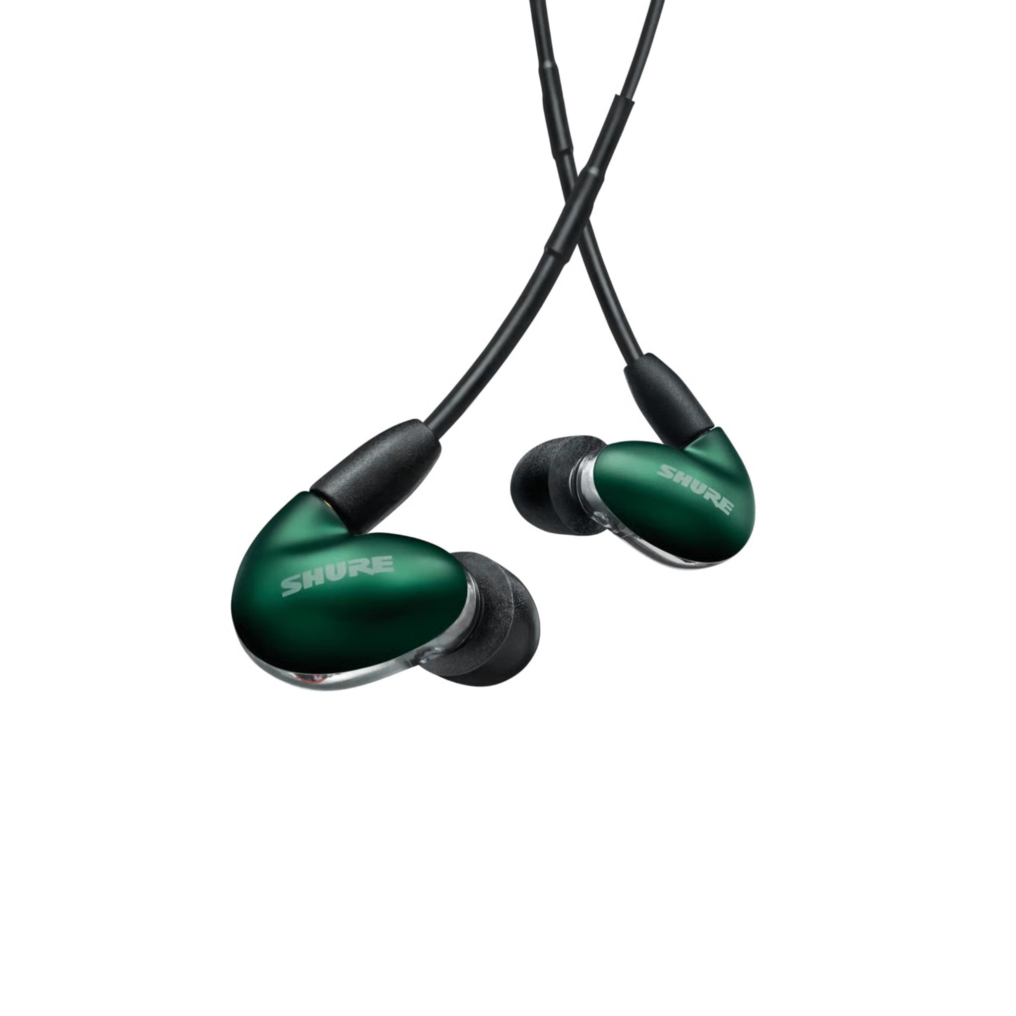 Green and black in-ear earphones with cords and Shure branding on each earpiece.