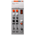 Top view of a grey 2 channel stereo mixer with knobs, sliders, buttons, and a small display screen.