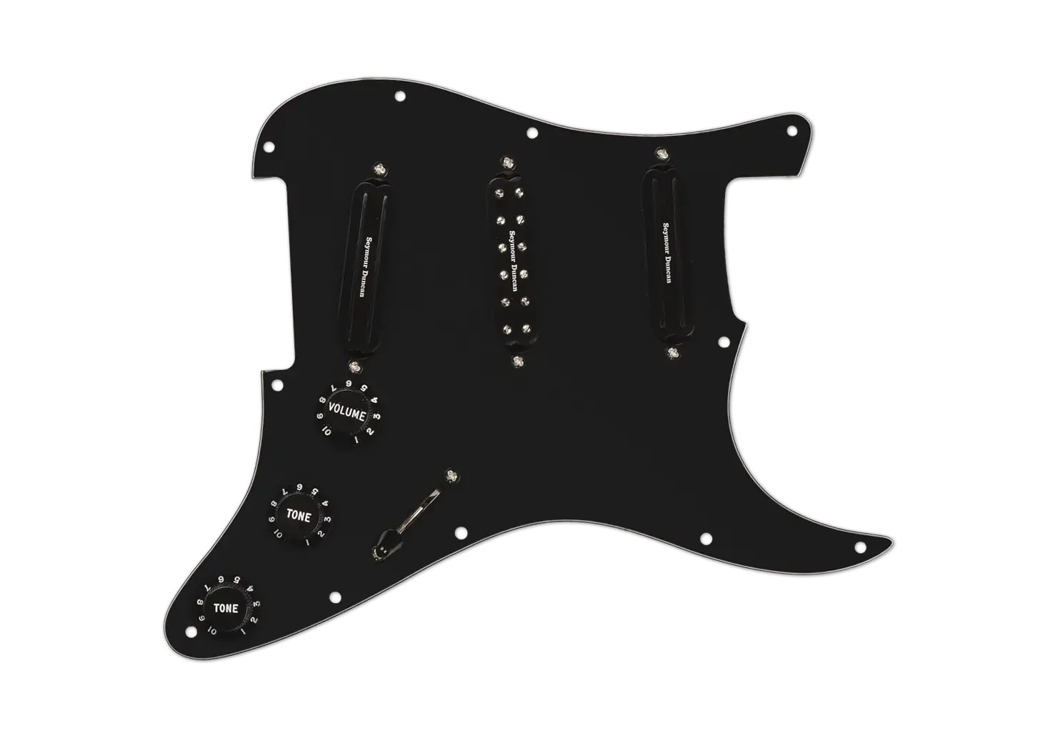 Black guitar pickguard with three Seymour Duncan pickups, three control knobs, and a toggle switch.
