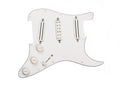 White Strat style guitar pickguard with three pickups, three control knobs, and one toggle switch.