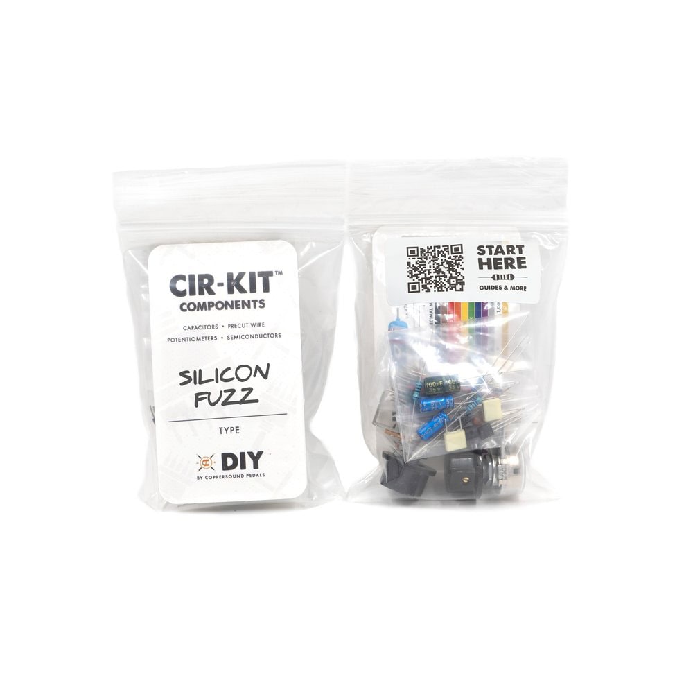 Two clear plastic bags contain labeled DIY electronic components including capacitors, potentiometers, a jack socket, and a switch.