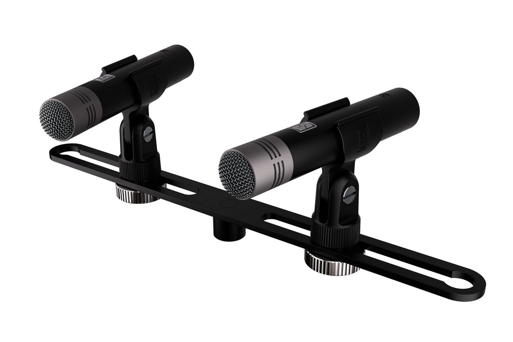 Dual small black and silver microphones mounted on a single black metal bracket with adjustment knobs.