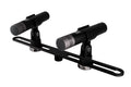 Dual small black and silver microphones mounted on a single black metal bracket with adjustment knobs.