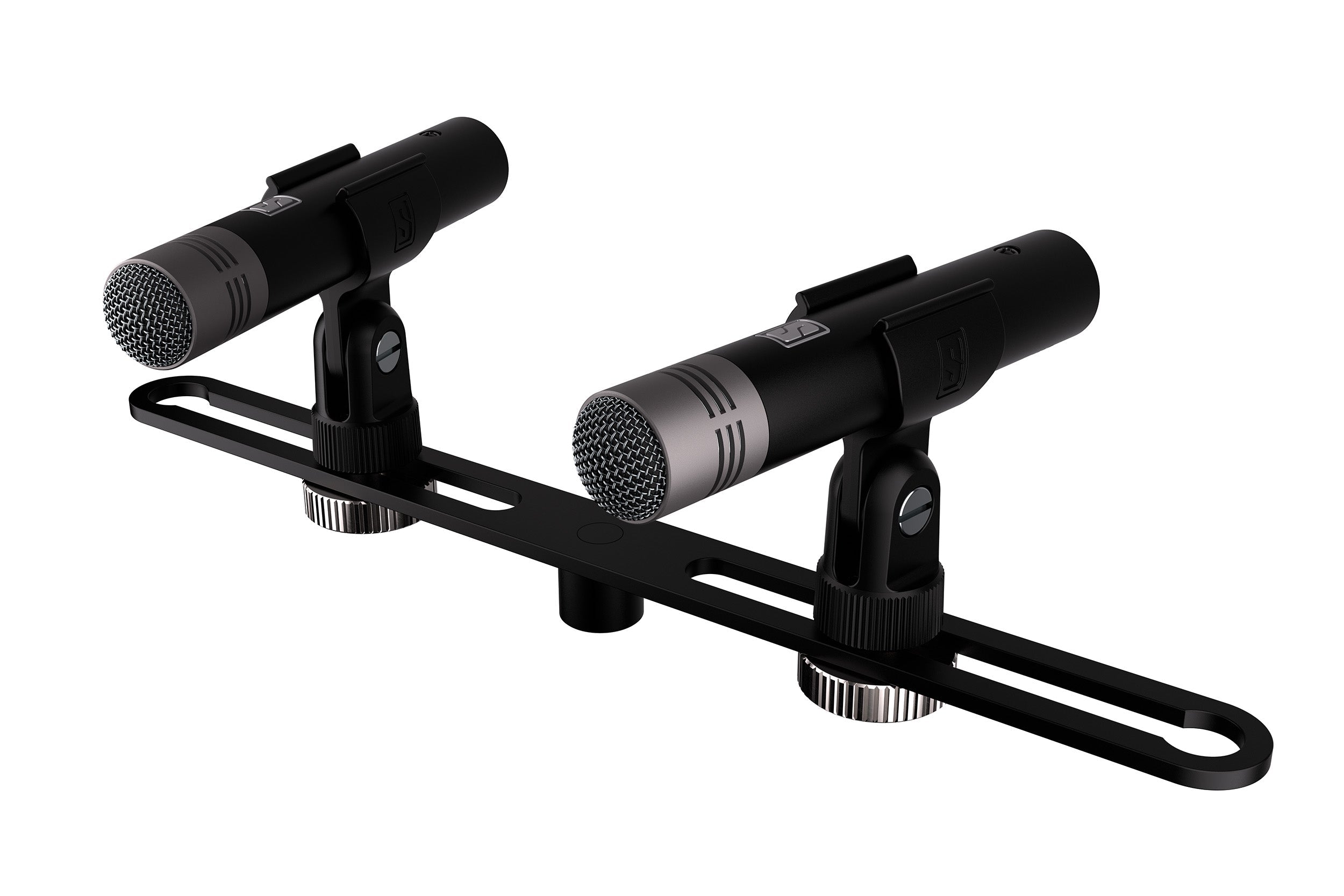 Dual small black and silver microphones mounted on a single black metal bracket with adjustment knobs.