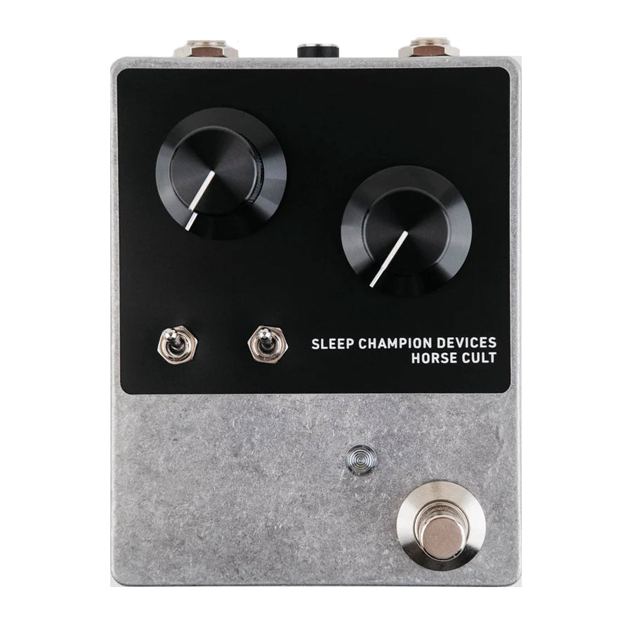Silver and black guitar effects pedal with two large knobs, two toggle switches, and one footswitch labeled Sleep Champion Devices Horse Cult.