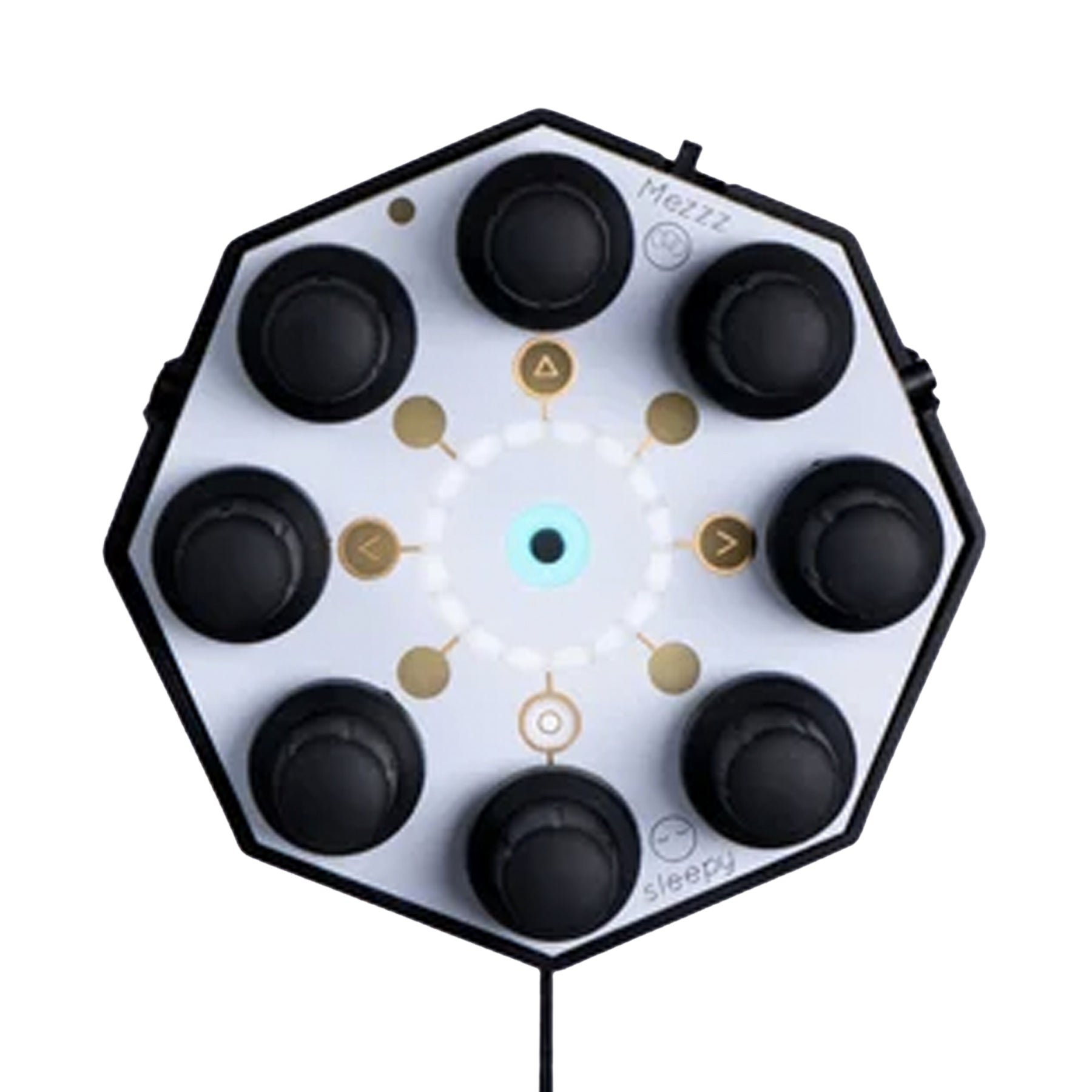 Octagonal synthesizer with eight black knobs on a white surface and a wired cable attached
