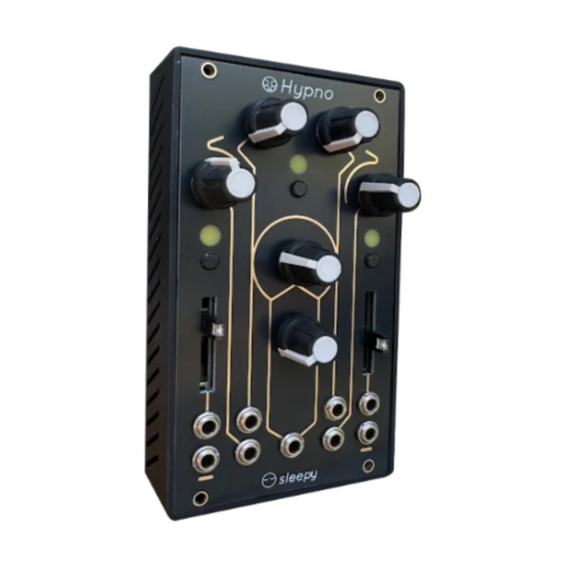 Black module with knobs, sliders, and multiple 1/8 inch jacks labeled Hypno and sleepy