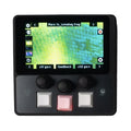Compact electronic device with screen displaying graphical interface and three knobs above three square buttons.