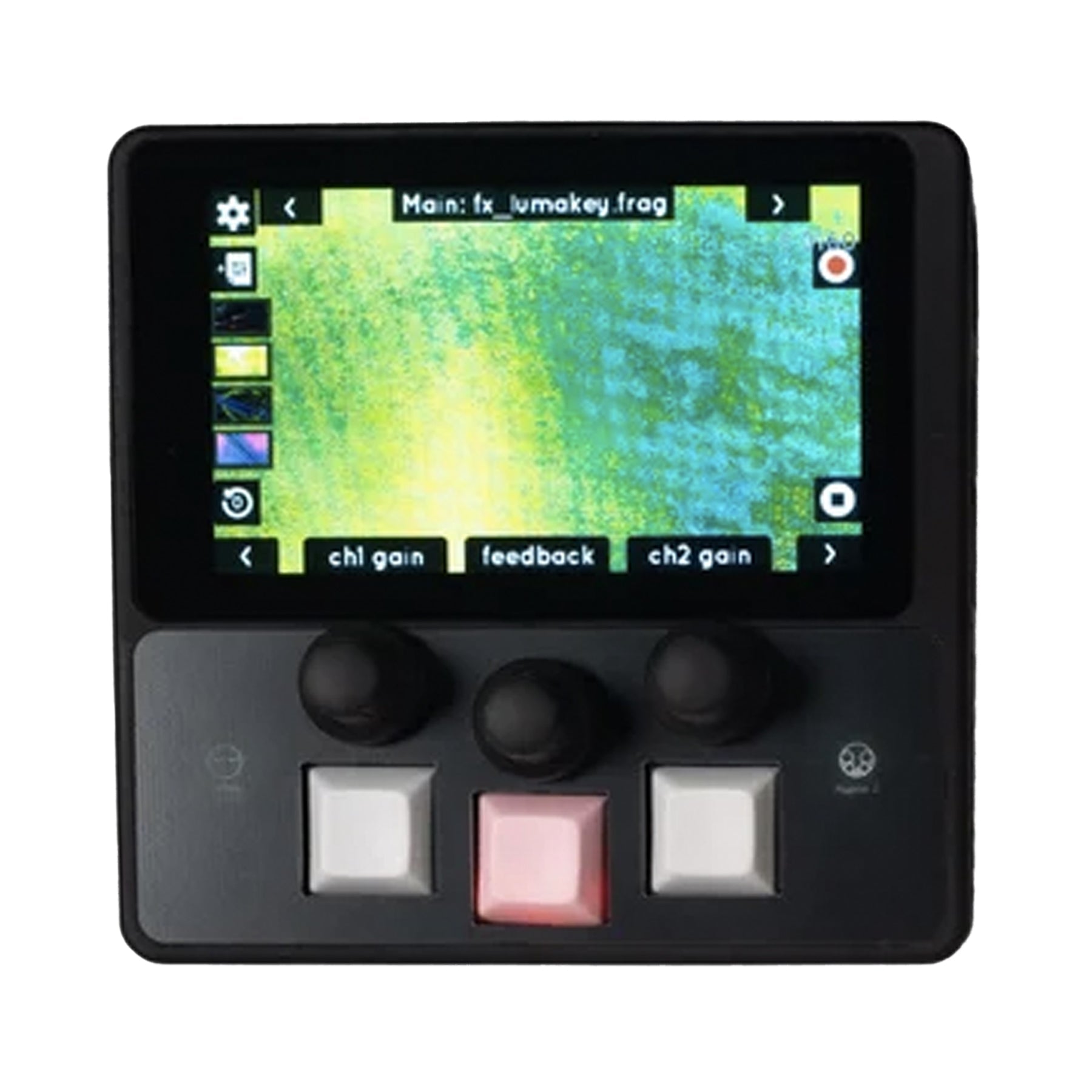 Compact electronic device with screen displaying graphical interface and three knobs above three square buttons.