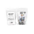 Two sealed plastic bags containing various electronic components for a soft clip overdrive DIY kit.