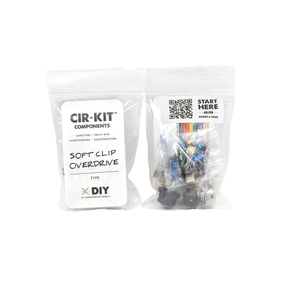 Two sealed plastic bags containing various electronic components for a soft clip overdrive DIY kit.