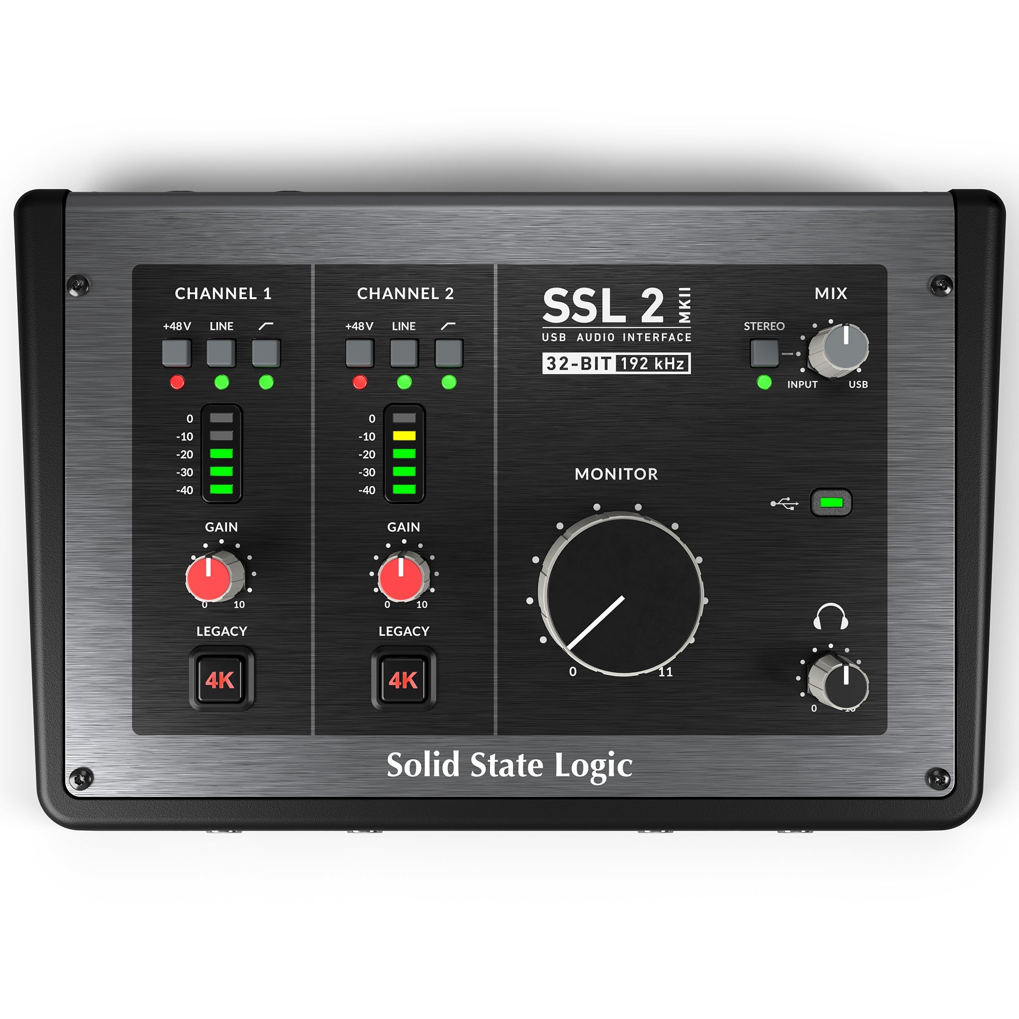 Top view of a Solid State Logic SSL 2 MKII USB audio interface showing controls and indicators for two channels, mix, and monitor volume.