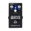 Black guitar effects pedal with three control knobs, blue indicator light, and a footswitch labeled The Schaffer Replica Storm.