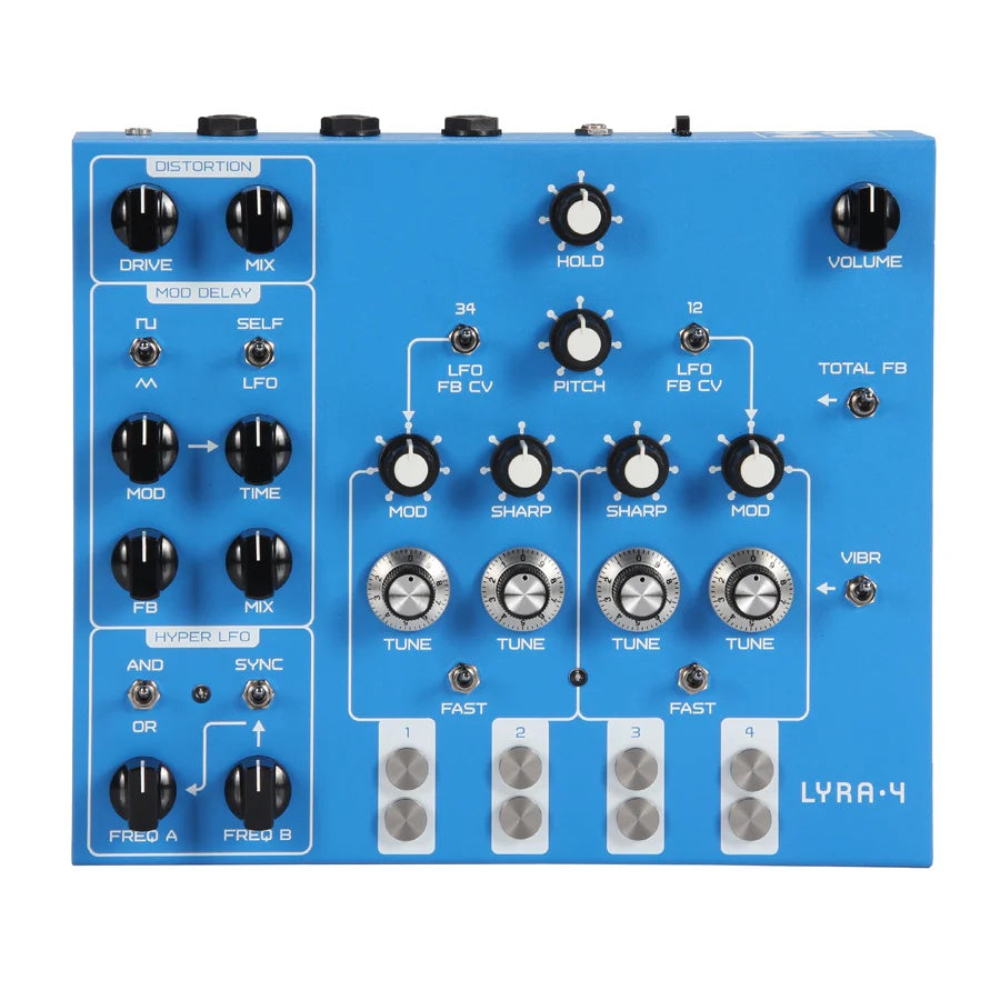 Blue electronic synthesizer unit with multiple knobs, toggle switches, and footswitches labeled LYRA-4.
