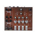 Top view of a rust-colored synthesizer with multiple knobs and toggle switches labeled with various modulation terms.