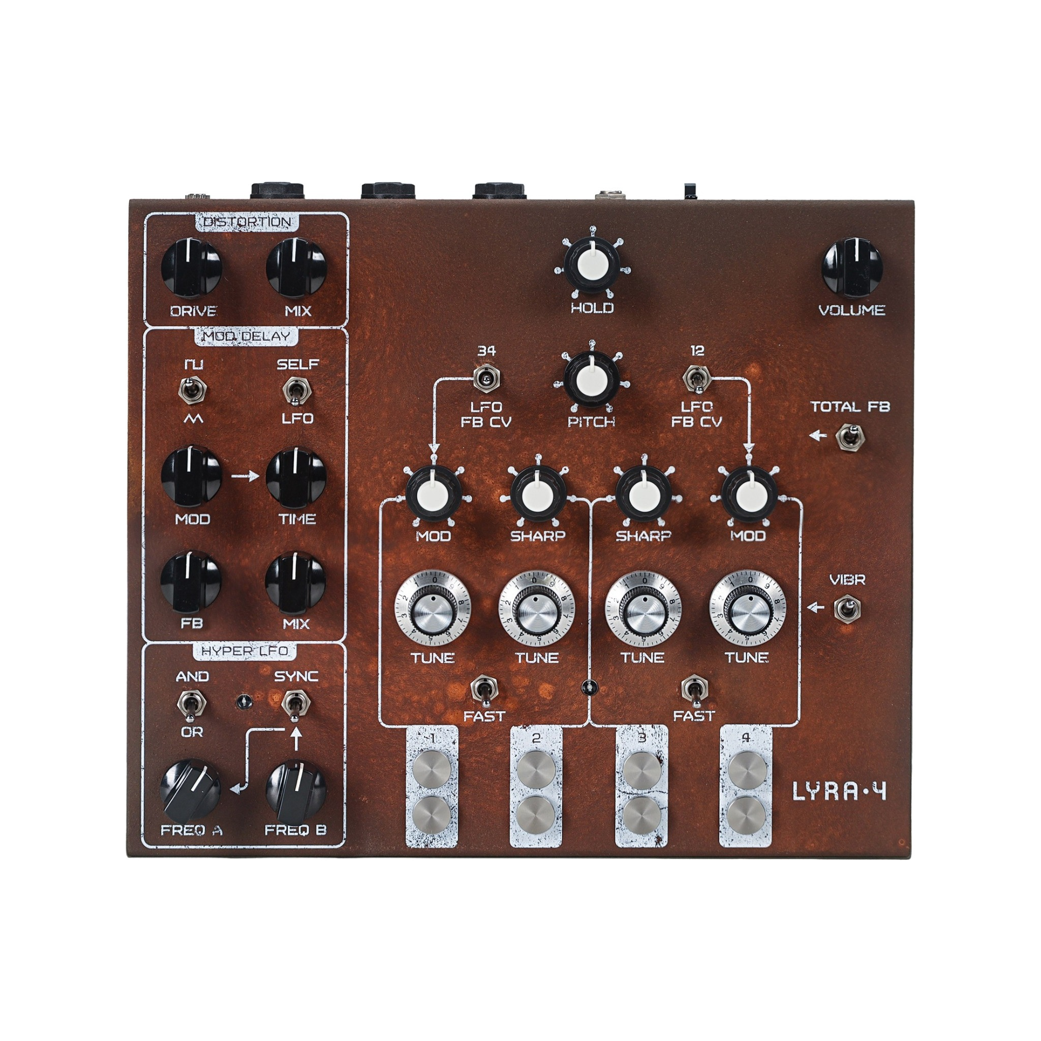Top view of a rust-colored synthesizer with multiple knobs and toggle switches labeled with various modulation terms.