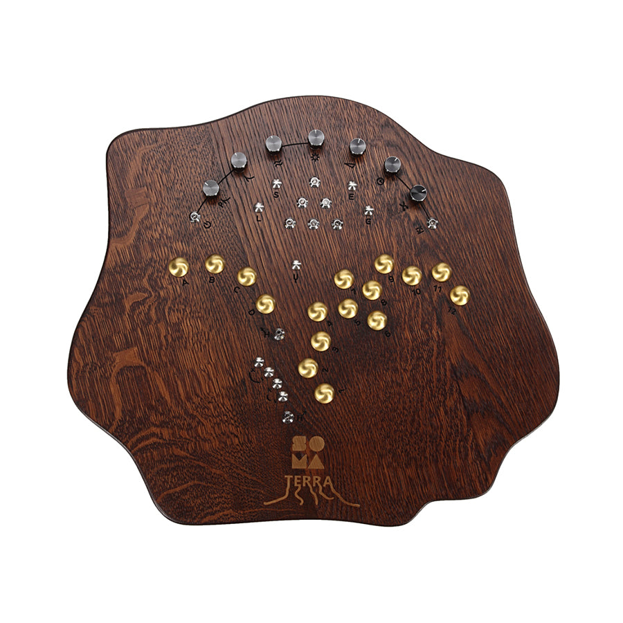 Dark wood electronic device with multiple silver and gold knobs and the words SOMA TERRA on its surface.