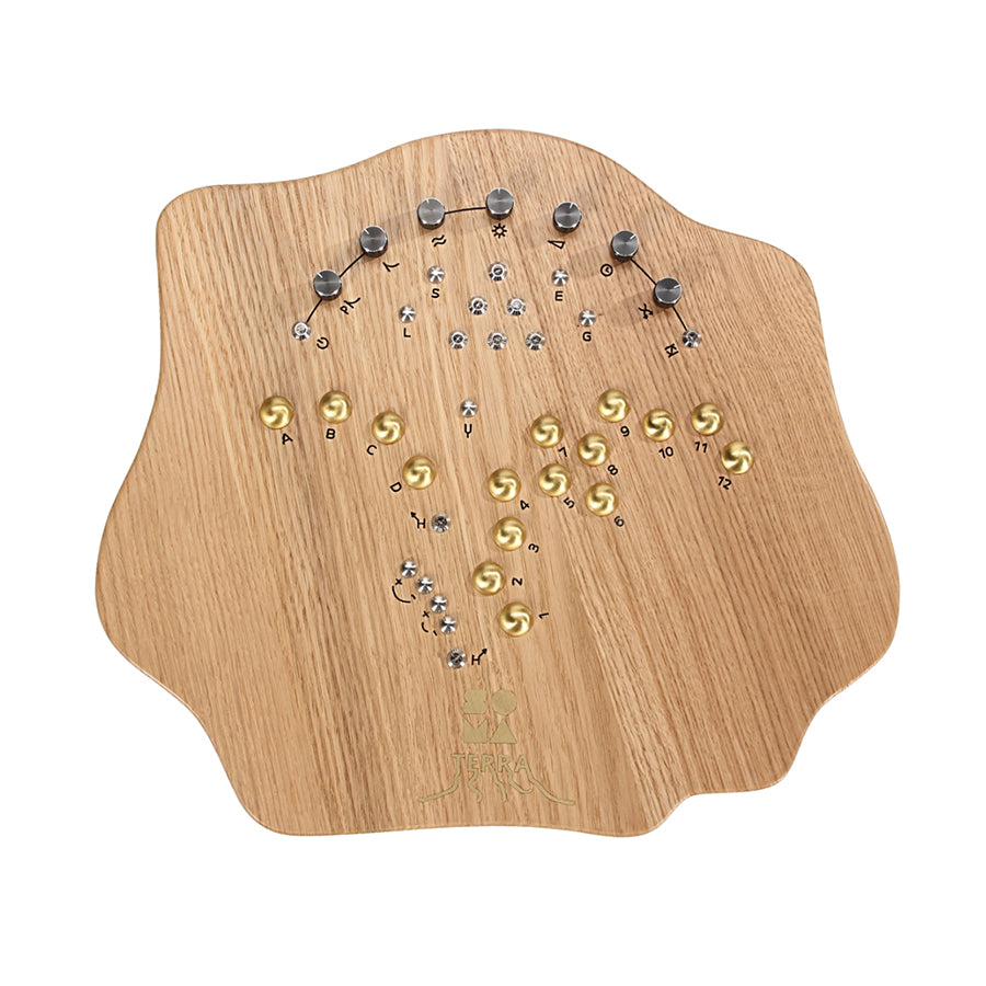 Wooden synthesizer panel with multiple silver and gold knobs and various symbols printed on it.