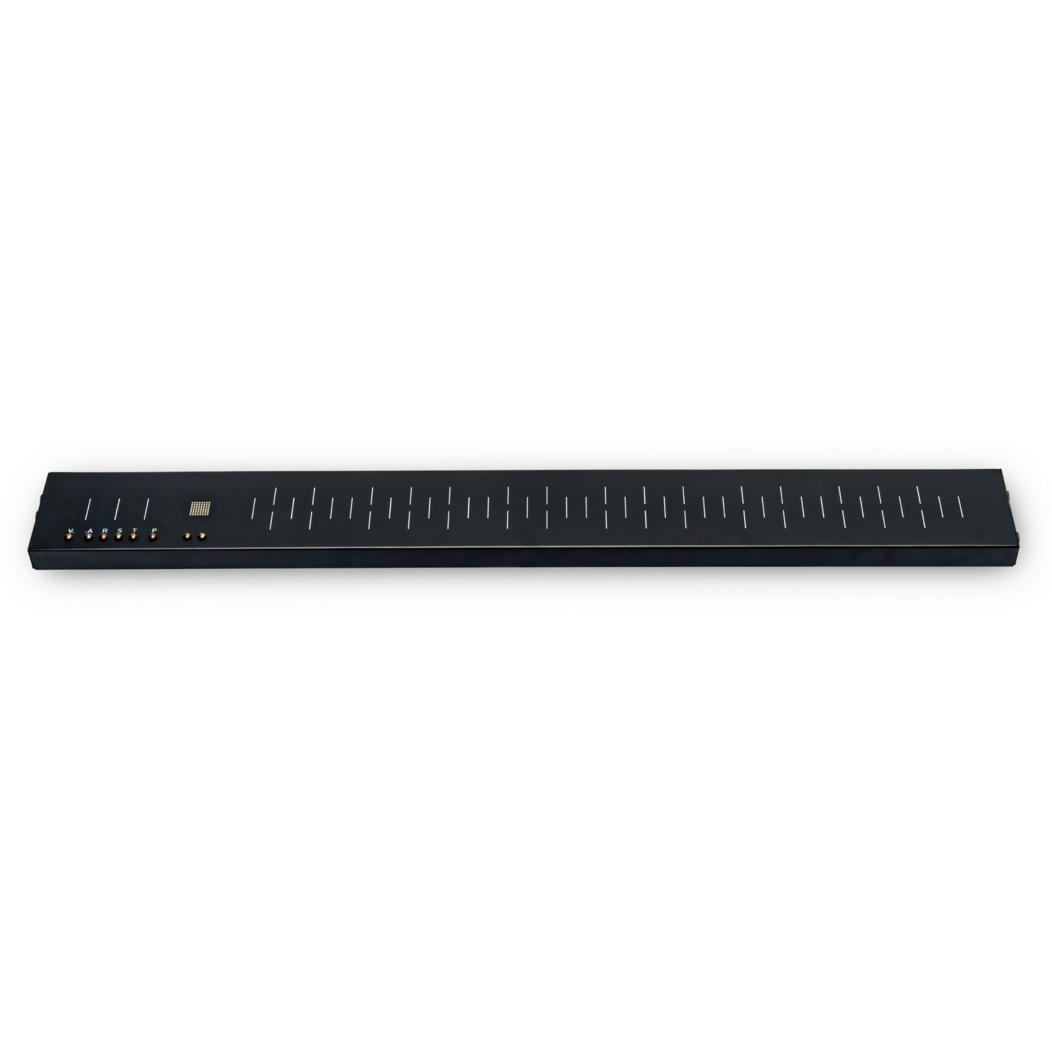 Black slim synthesizer with touch strips, six labeled knobs, and two audio jacks on one side.
