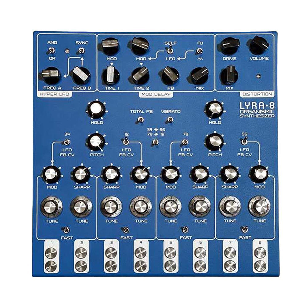 Blue synthesizer control panel with multiple knobs, switches, and labeled sections including Lyra-8 Organismic Synthesizer.