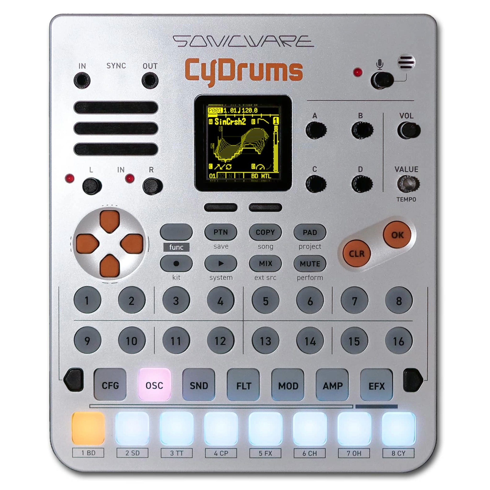 Top view of a silver Sonicware CyDrums drum synthesizer with buttons, knobs, pads, and a yellow lit display.