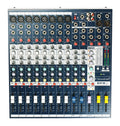 Top-down view of a Soundcraft EFX8 8-channel audio mixer with various knobs, sliders, and input/output connectors.