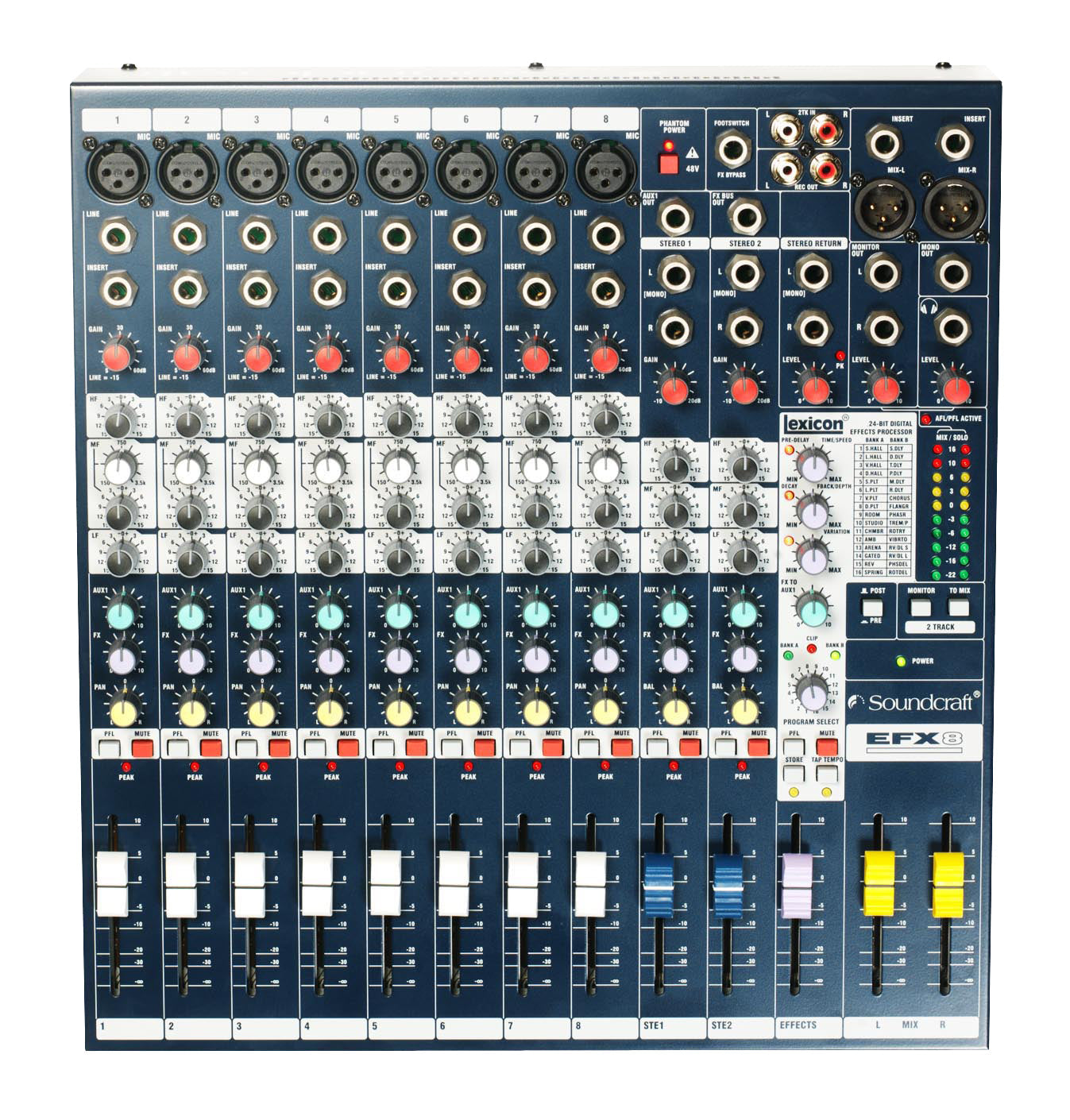 Top-down view of a Soundcraft EFX8 8-channel audio mixer with various knobs, sliders, and input/output connectors.
