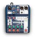 Top view of a Soundcraft Notepad-5 audio mixer showing inputs, outputs, knobs, and level indicators.