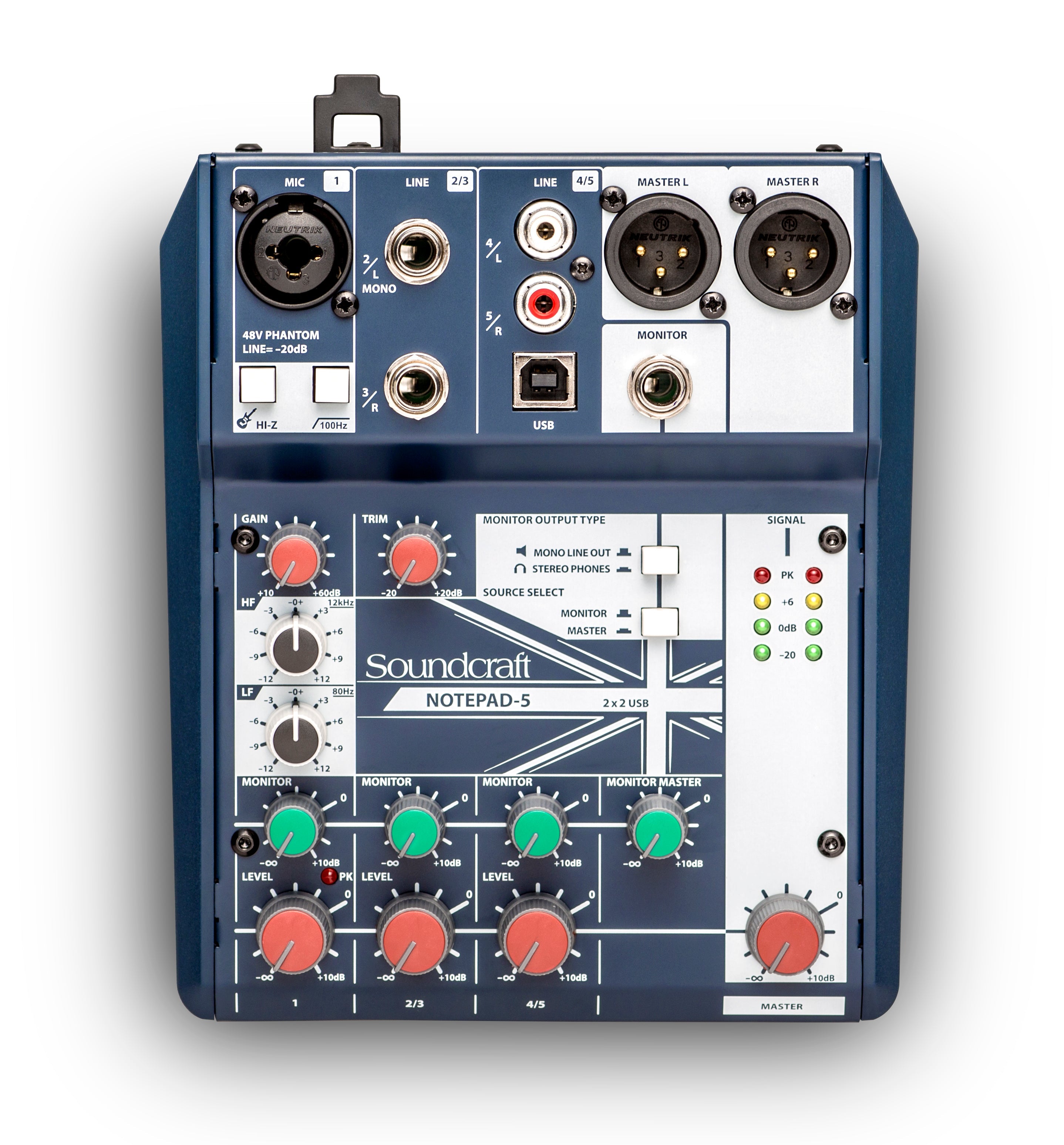 Top view of a Soundcraft Notepad-5 audio mixer showing inputs, outputs, knobs, and level indicators.
