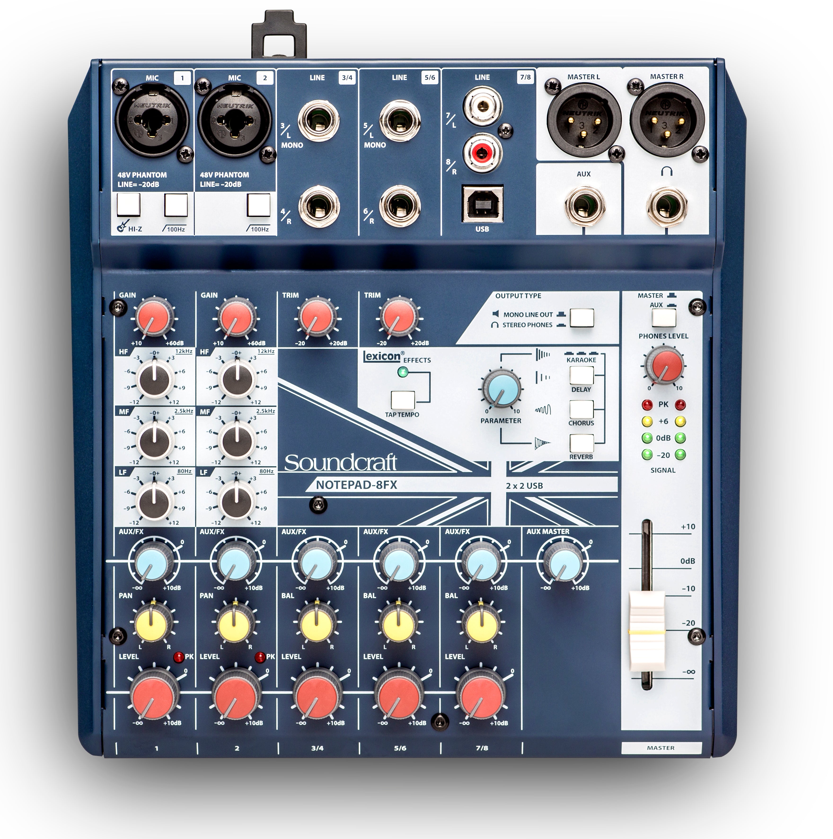 Top-down view of a blue Soundcraft Notepad-8FX mixer with multiple input connectors, knobs, buttons, and a slider.