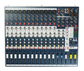 Top view of a Soundcraft EFX12 audio mixer with multiple XLR, line, and RCA inputs plus various control knobs and faders.