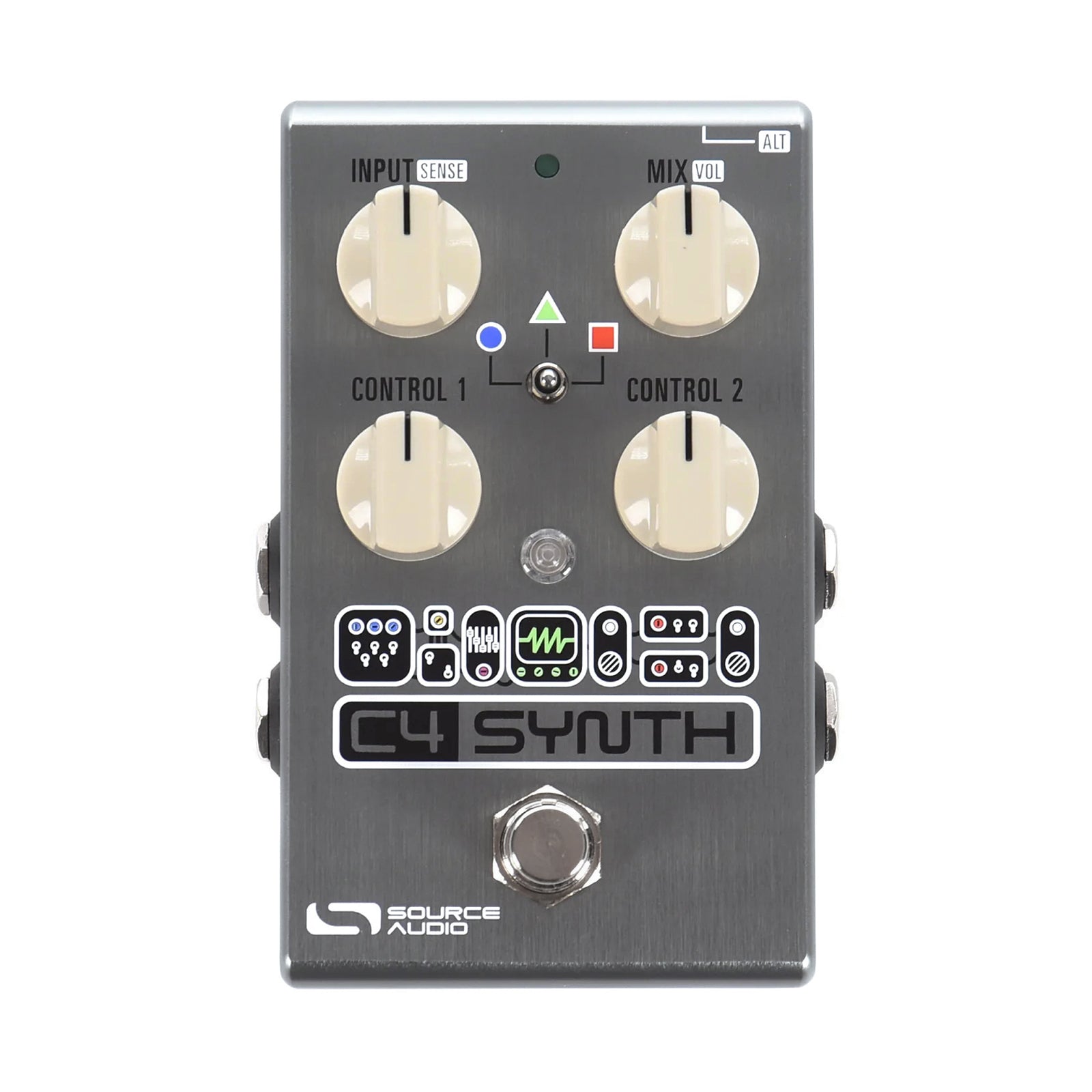 Gray rectangular guitar effects pedal with four cream rotary knobs, a toggle switch, a footswitch, and labeled controls.