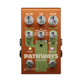 Orange guitar effects pedal with multiple knobs, switches, and two footswitches labeled Pathways Reverb & Tremolo from Source Audio.