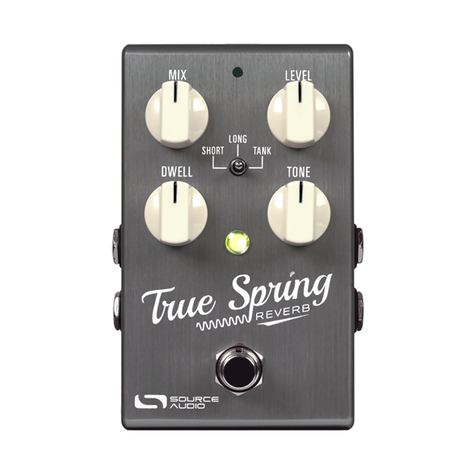 Gray guitar effects pedal with four control knobs, a toggle switch, and a footswitch labeled True Spring Reverb.